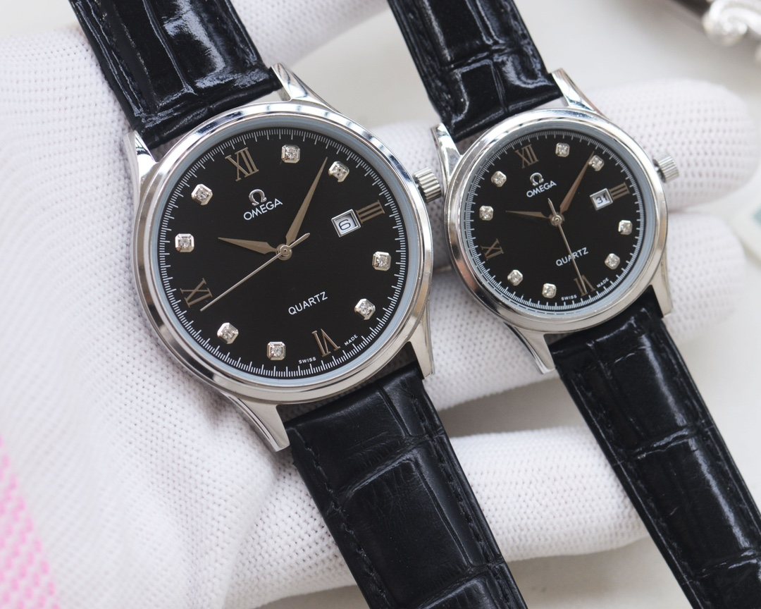 Omega Black Dial Leather Strap Couple Watch Set