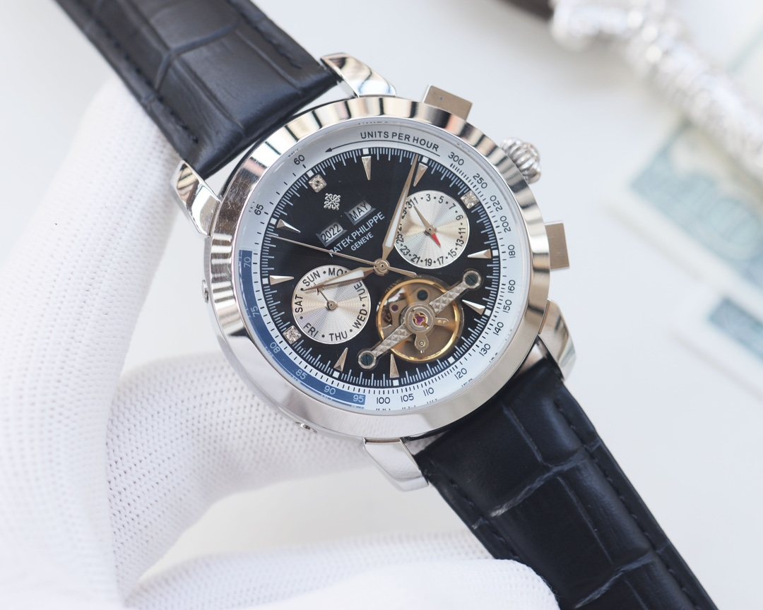Patek Philippe Silver Black Dial Leather Strap Watch