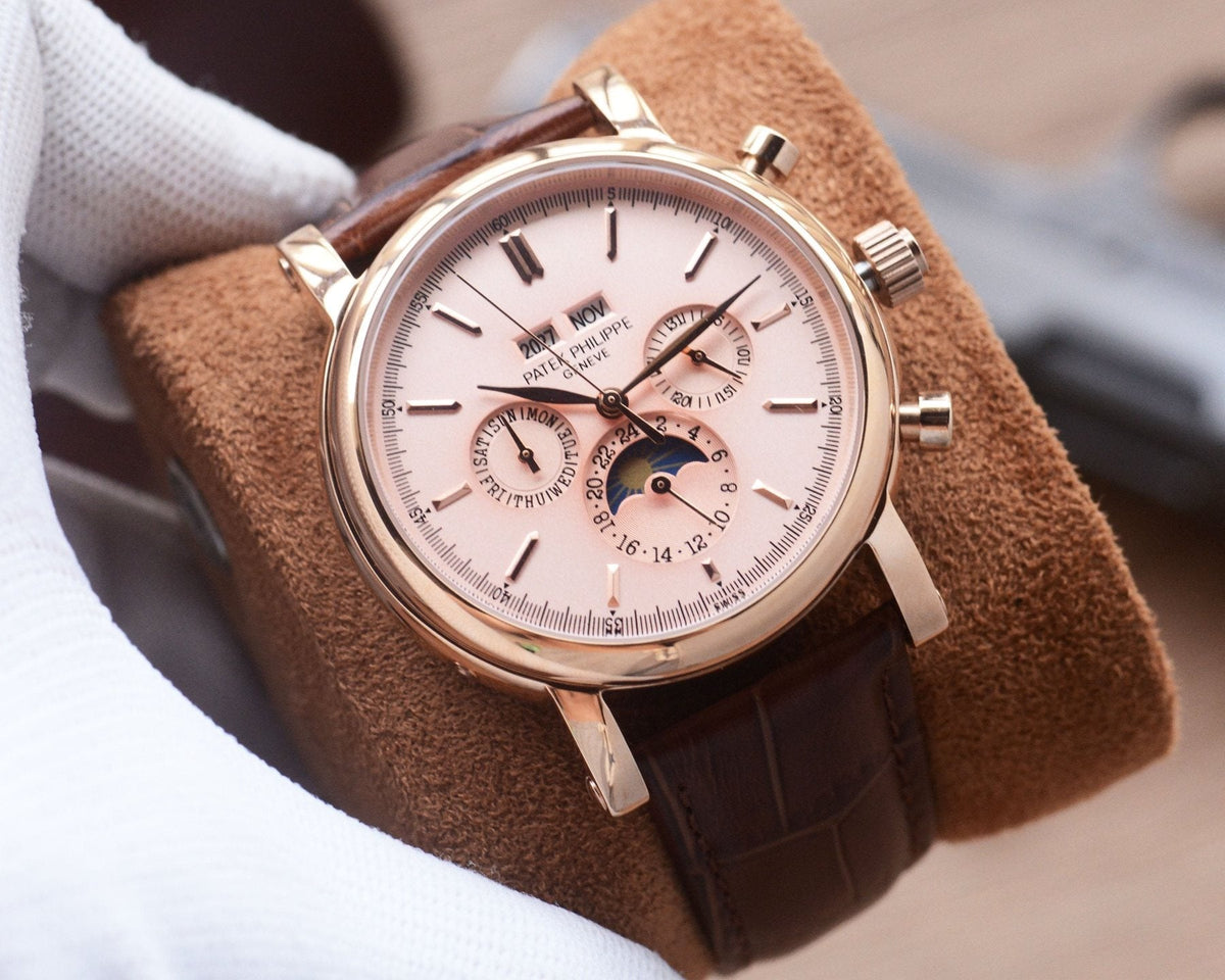 Patek Philippe Rose Gold Brown Pink Dial Strap Watch