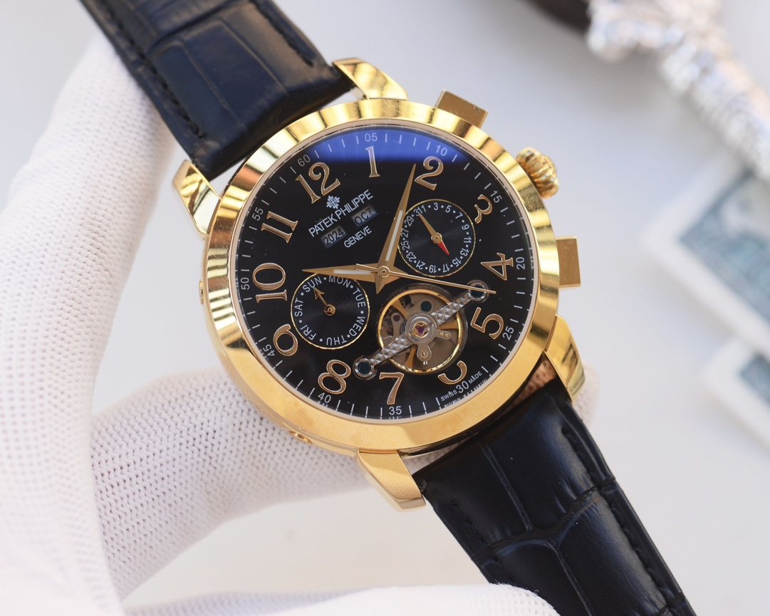 Patek Philippe Gold Black Dial Strap Watch