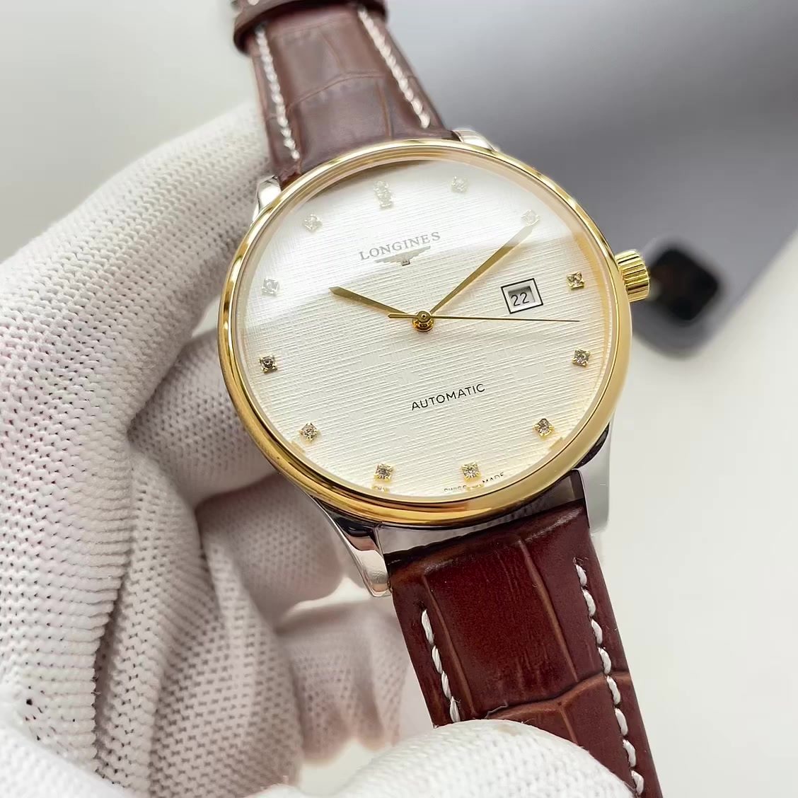 Longines Gold-Tone White Dial Leather Strap Watch