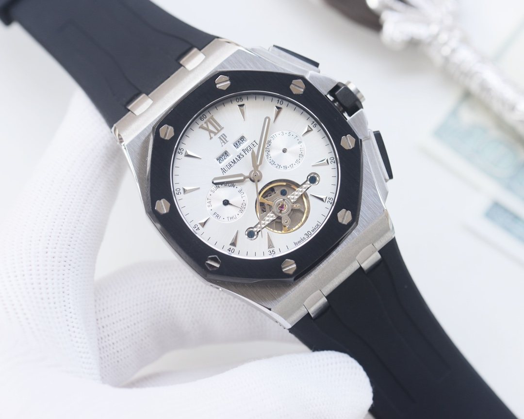 Audemars Piguet Silver Black White Dial Strap Watch