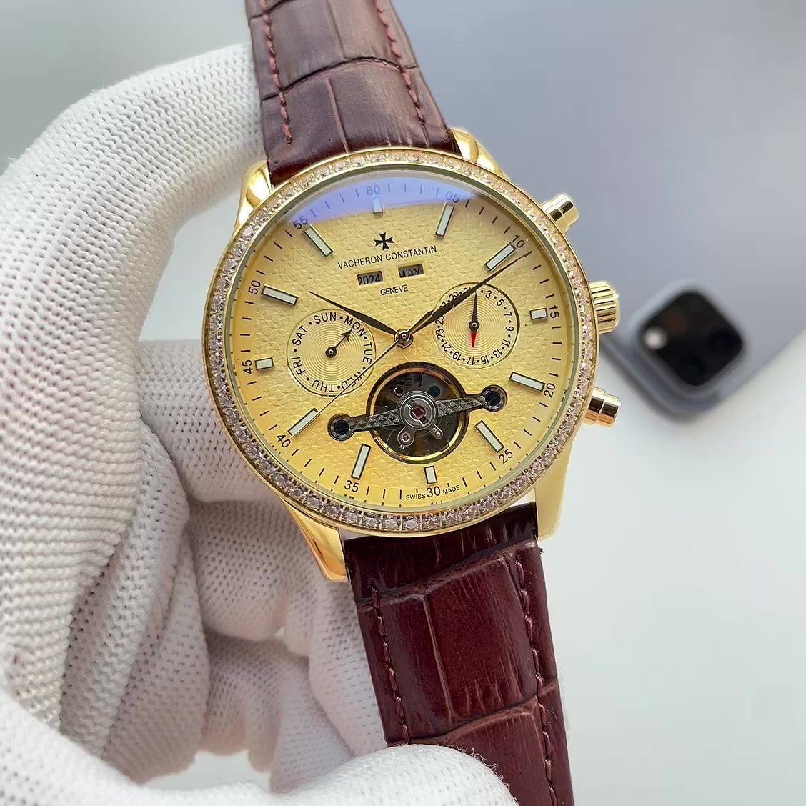 Patek Philippe Yellow Dial Brown Leather Strap Watch