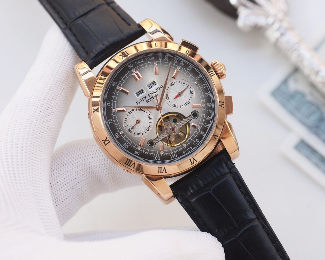 Patek Philippe Rose Gold Black White Dial Strap Watch