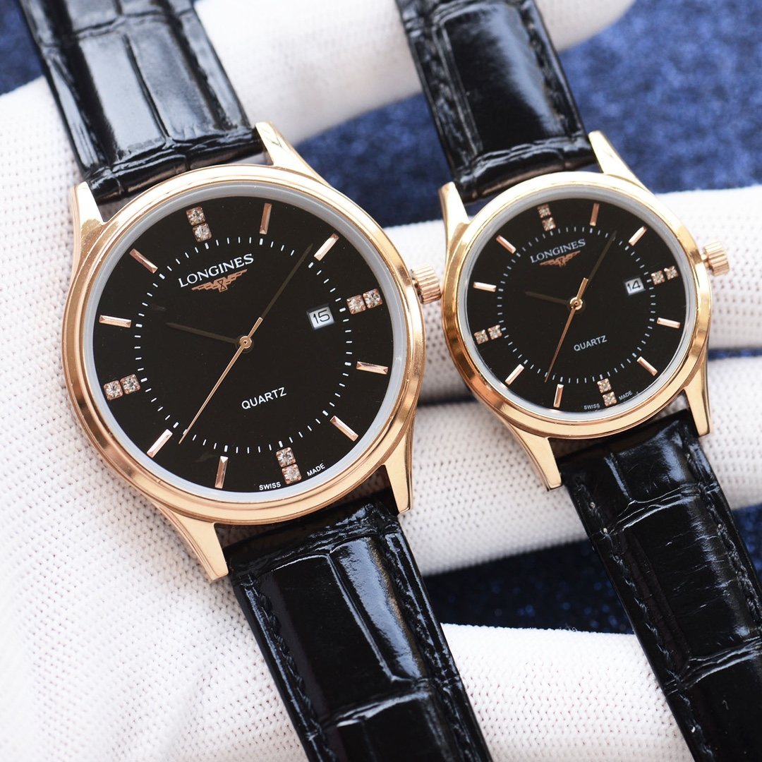 Longines Black Strap Rose Gold Couple Watch Set