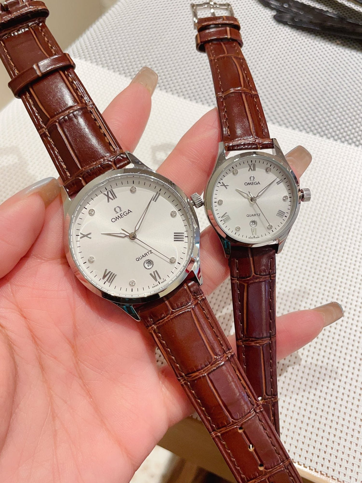 Omega Brown Rose Gold White Dial Leather Strap Couple Watch Set