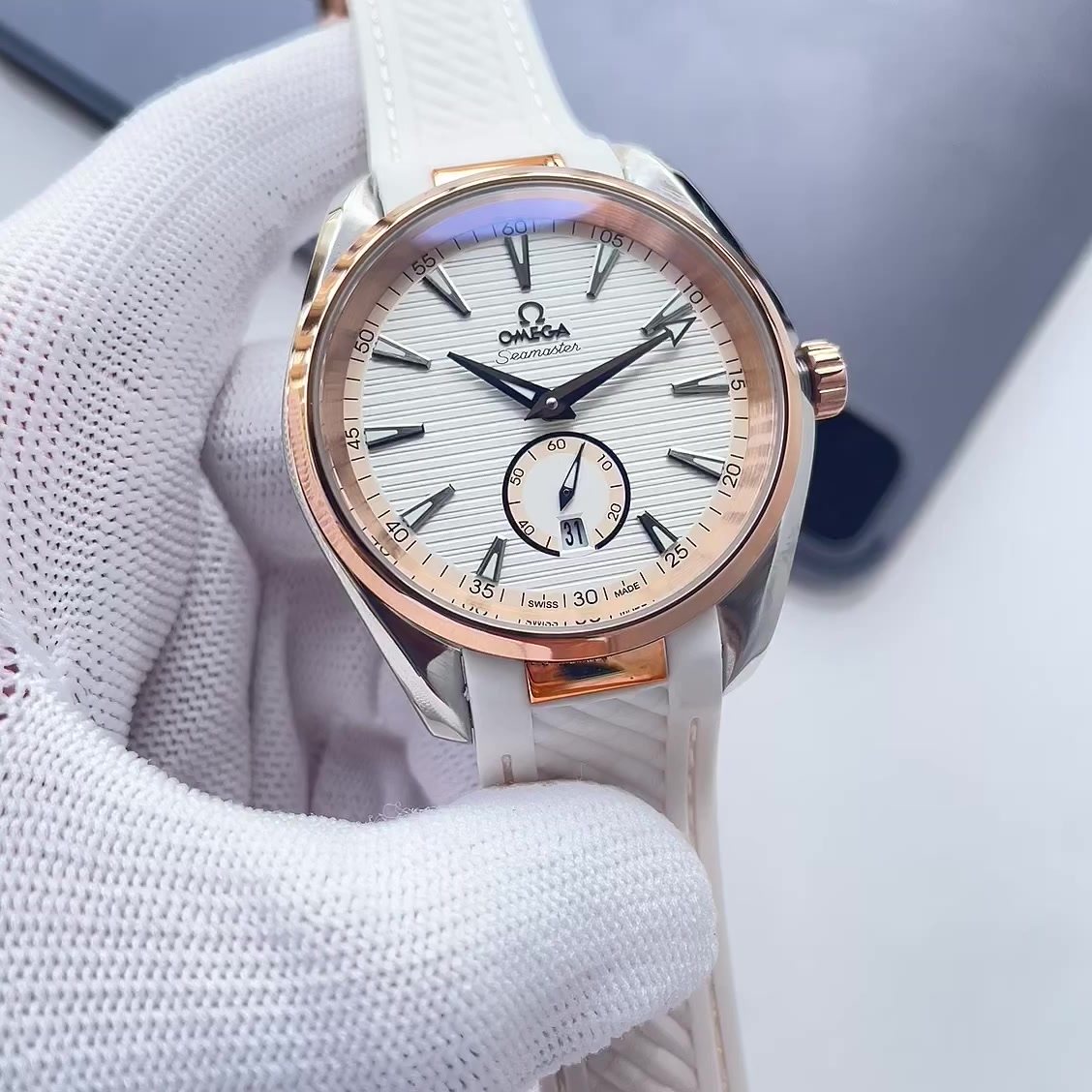 Omega White Strap Rose Gold-Tone Watch