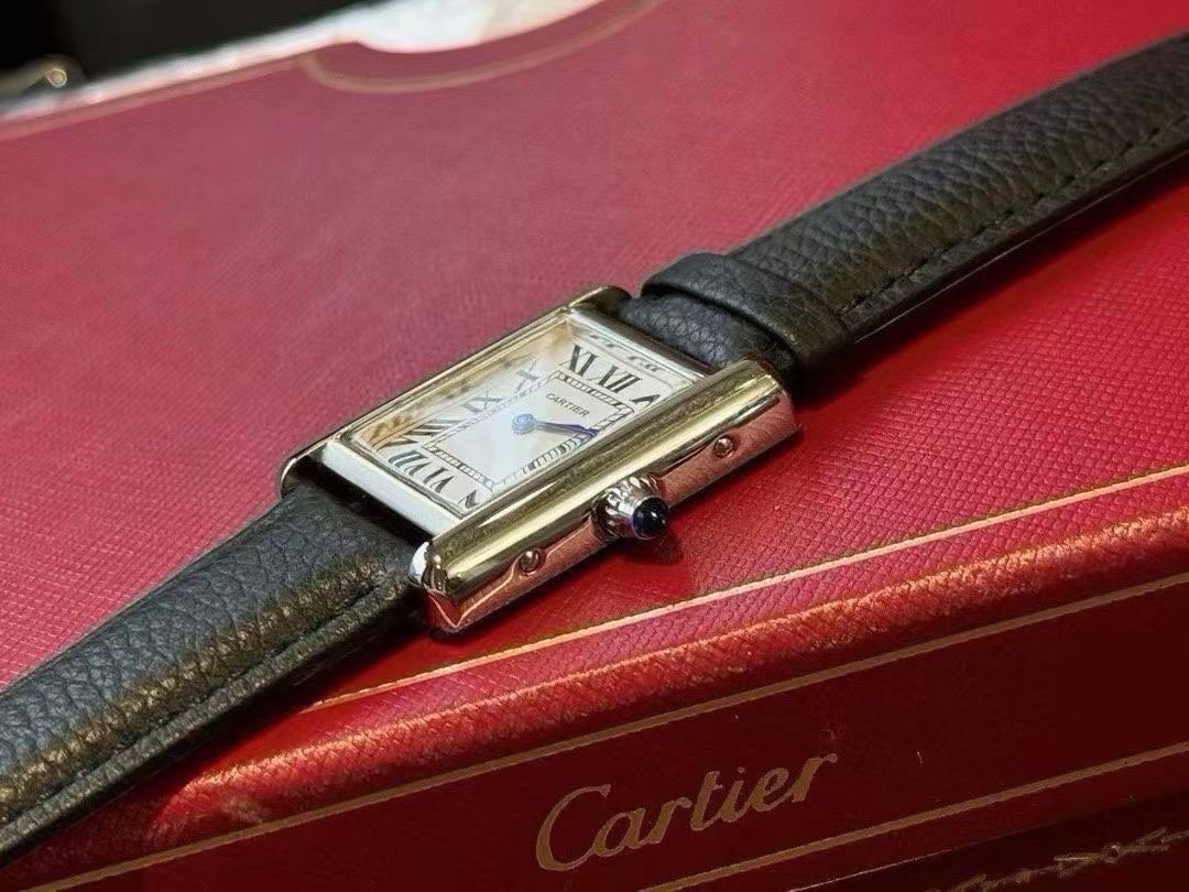 Cartier Gold Black White Dial Leather Strap Watch