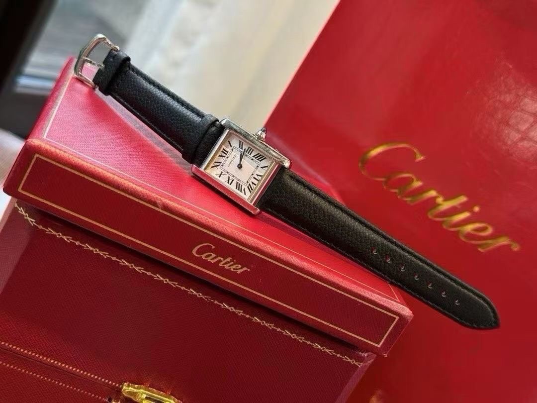 Cartier Silver Black White Dial Leather Strap Watch