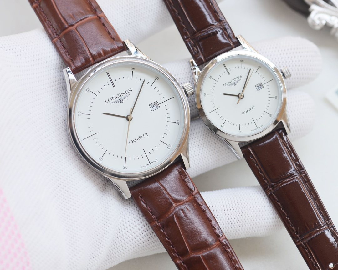Brown Silver White Dial Leather Strap Couple Watch Set