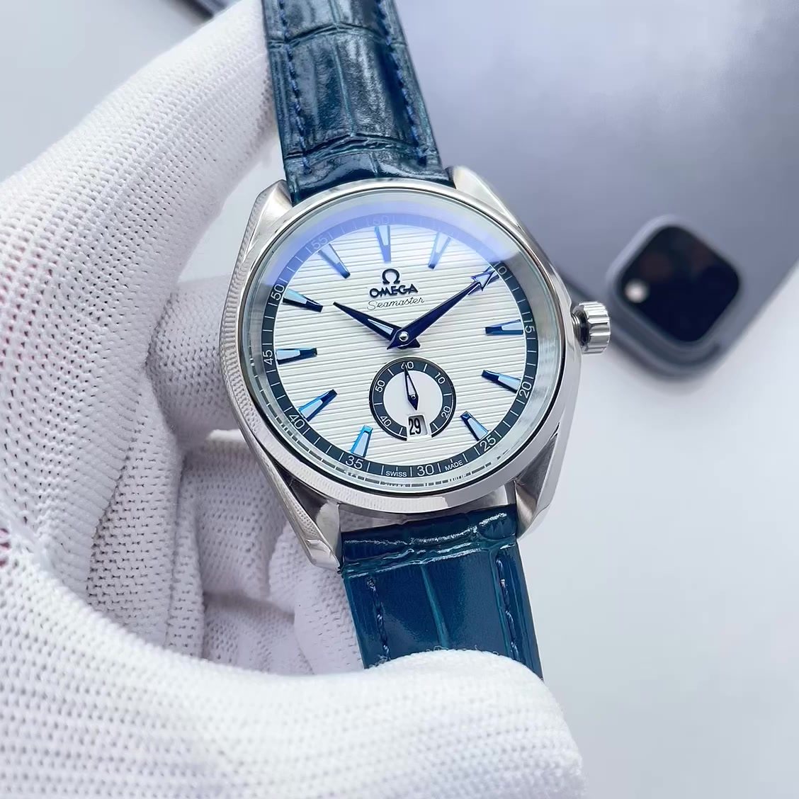 OMEGA White Dial Blue Strap Watch