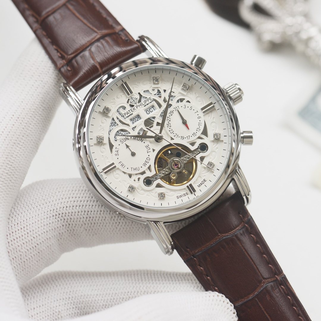 PATEK PHILIPPE Brown Silver Leather Strap Watch