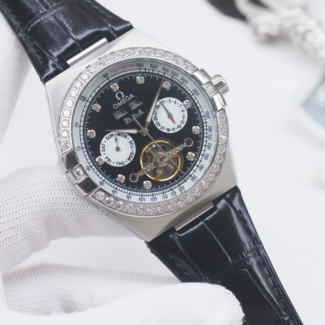 OMEGA Silver Black Dial Strap Watch