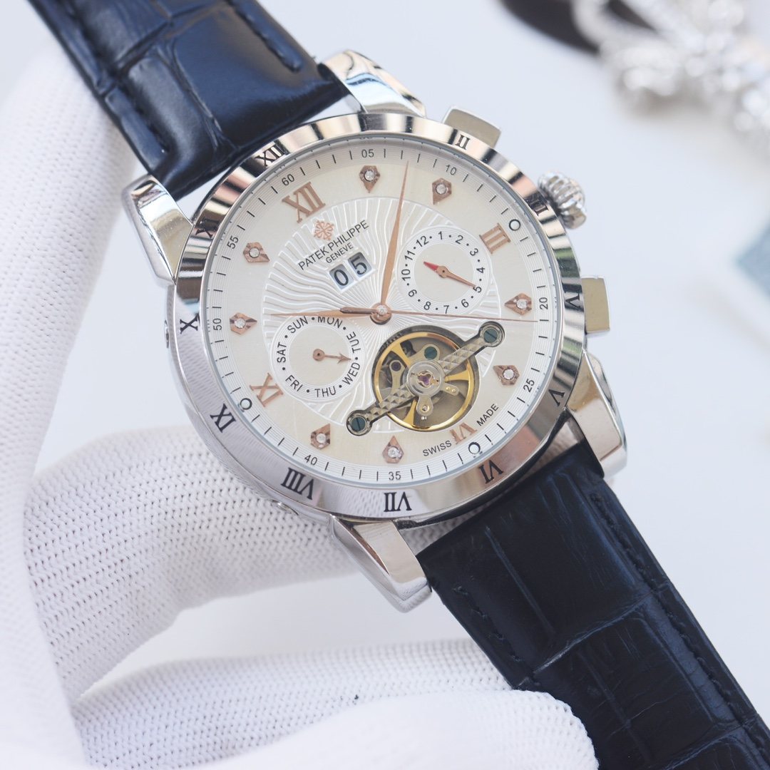 PATEK PHILIPPE Black Silver White Dial Strap Watch