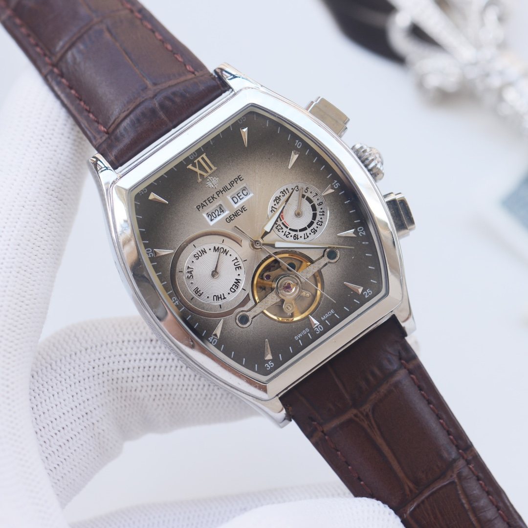 PATEK PHILIPPE Silver Brown Leather Strap Watch
