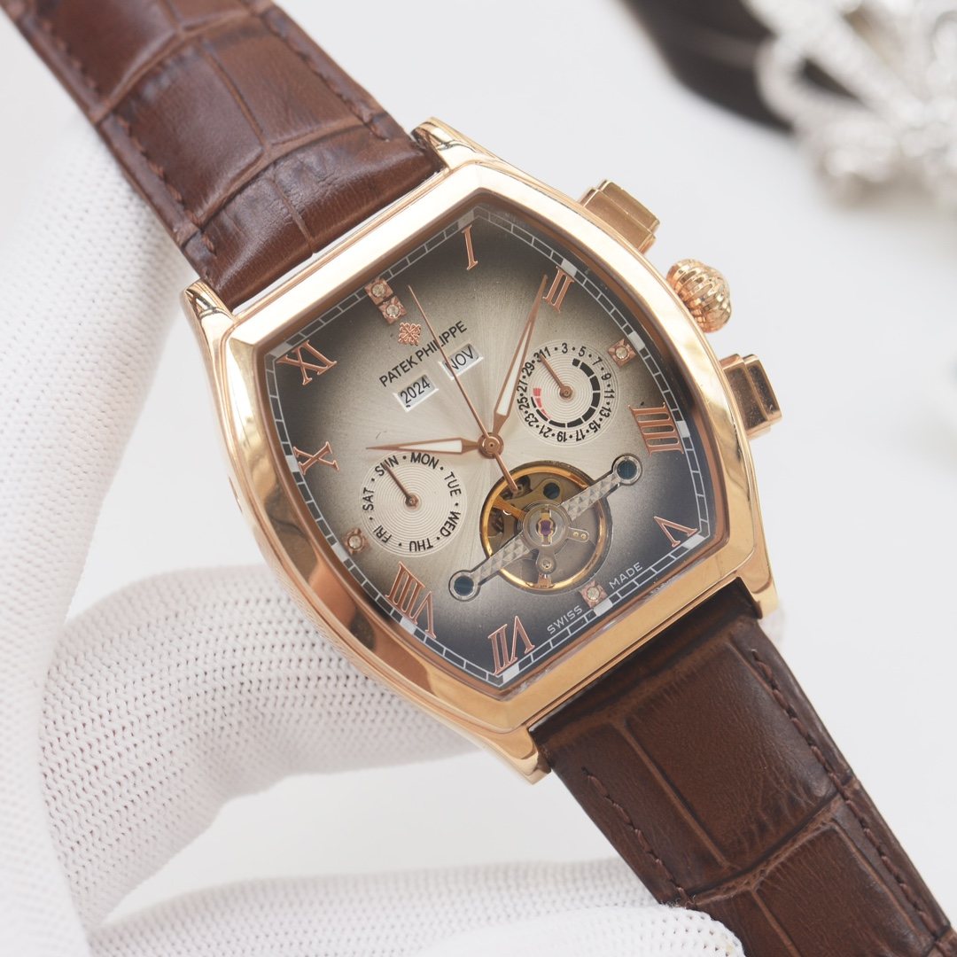 PATEK PHILIPPE Rose Gold Brown Dial Leather Strap Watch