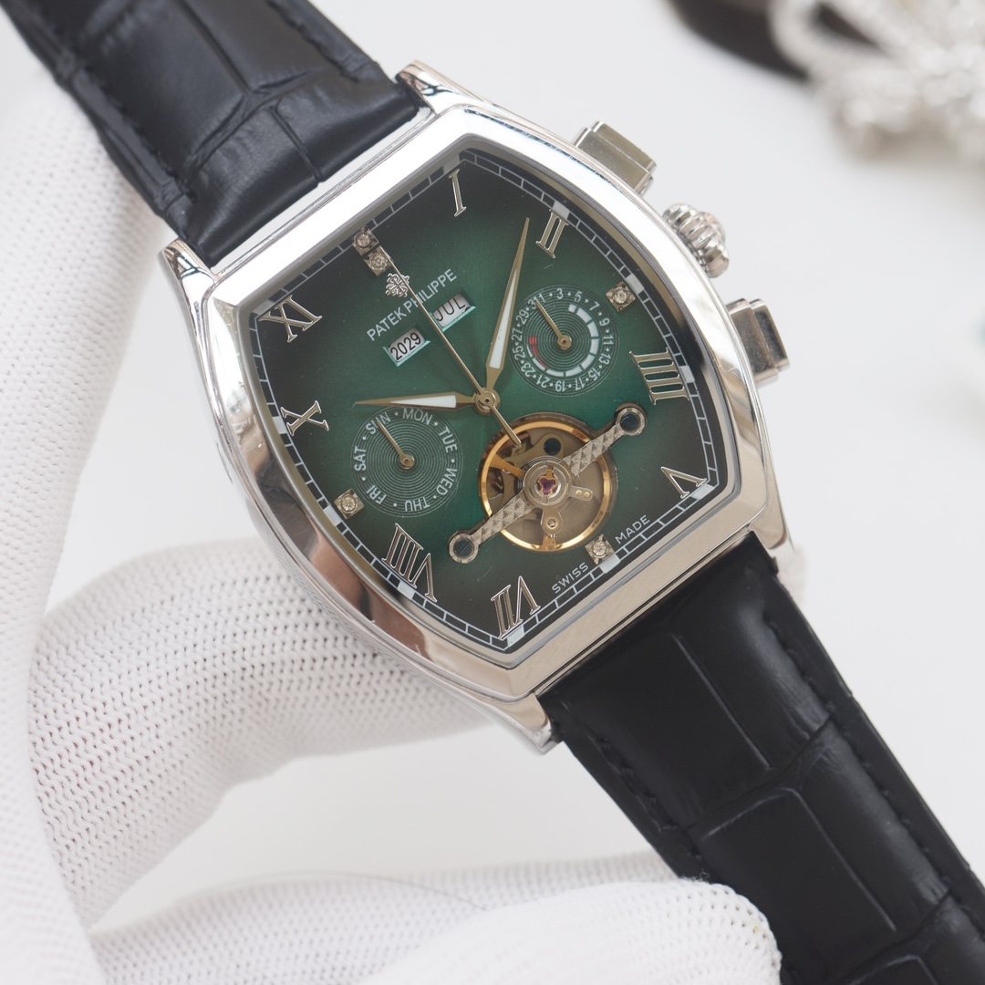 PATEK PHILIPPE Silver Black Green Dial Leather Strap Watch