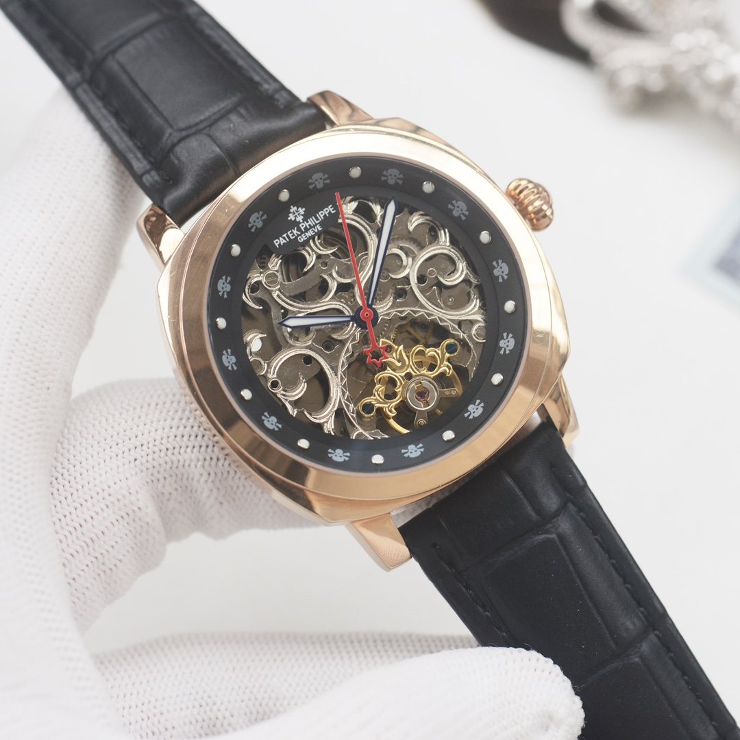 PATEK PHILIPPE Two Tone Silver Black Dial Strap Watch