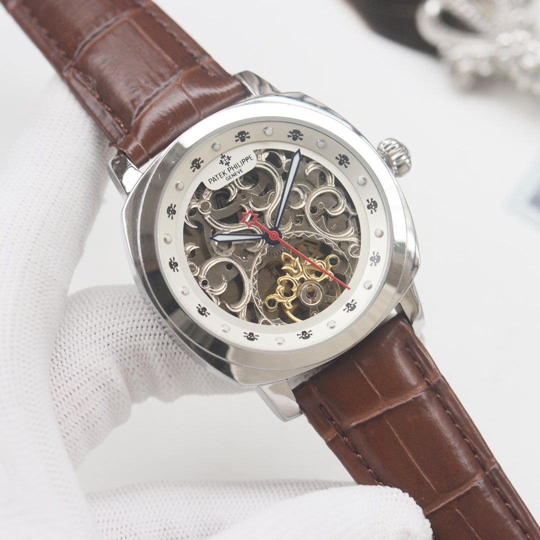 PATEK PHILIPPE Brown Silver White Dial Strap Watch