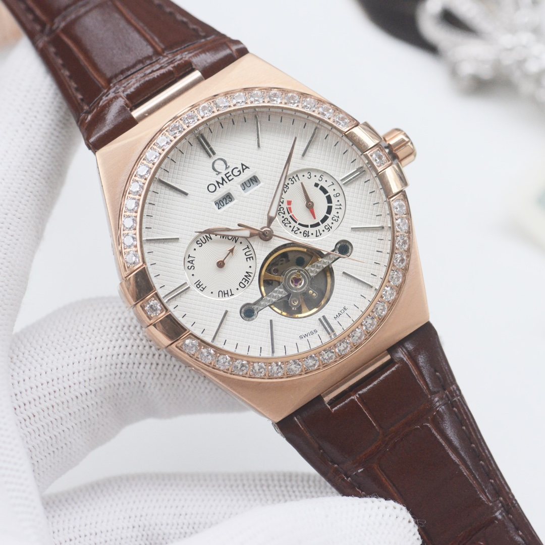 OMEGA Rose Gold Brown White Dial Strap Watch