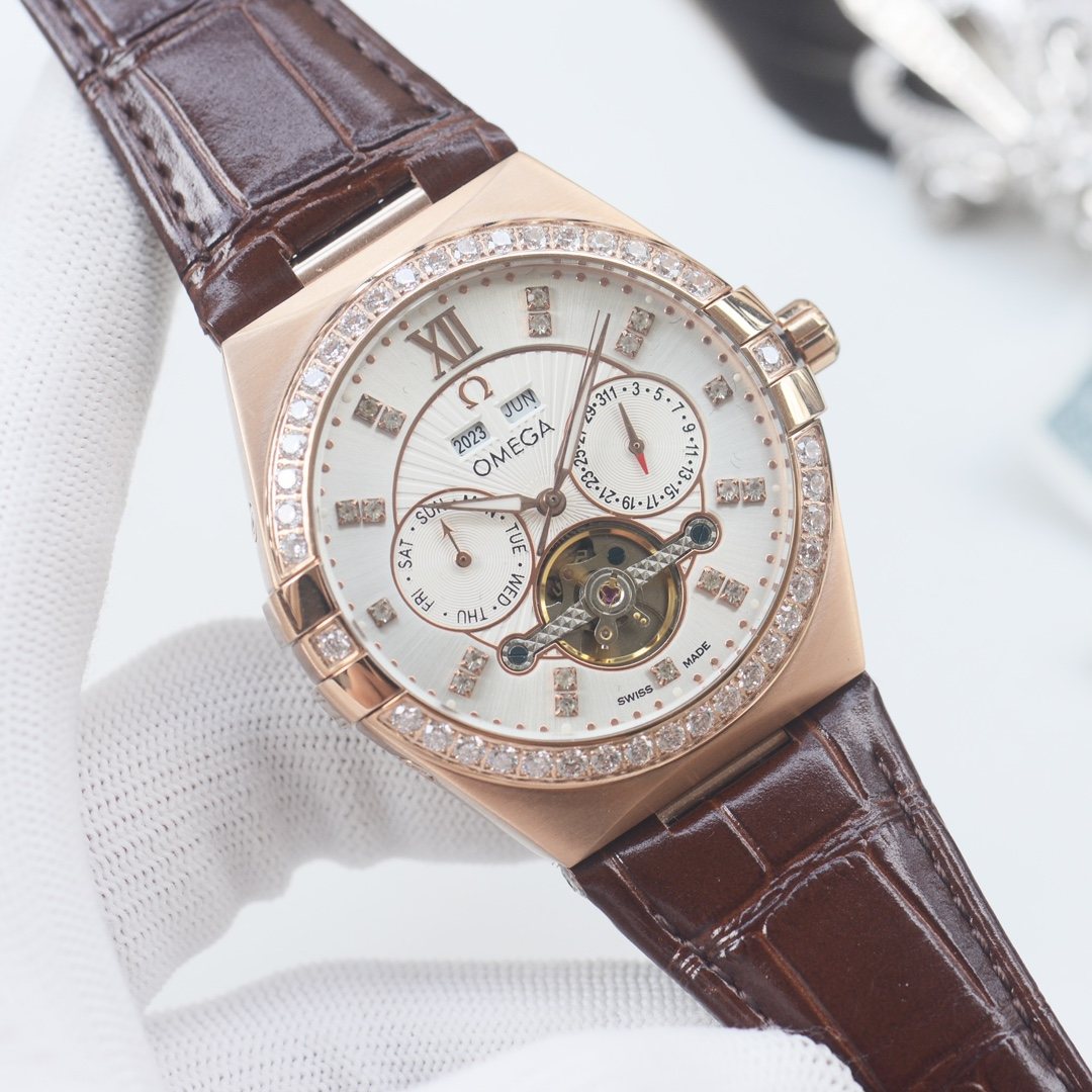 OMEGA Rose Gold Brown Silver Dial Strap Watch