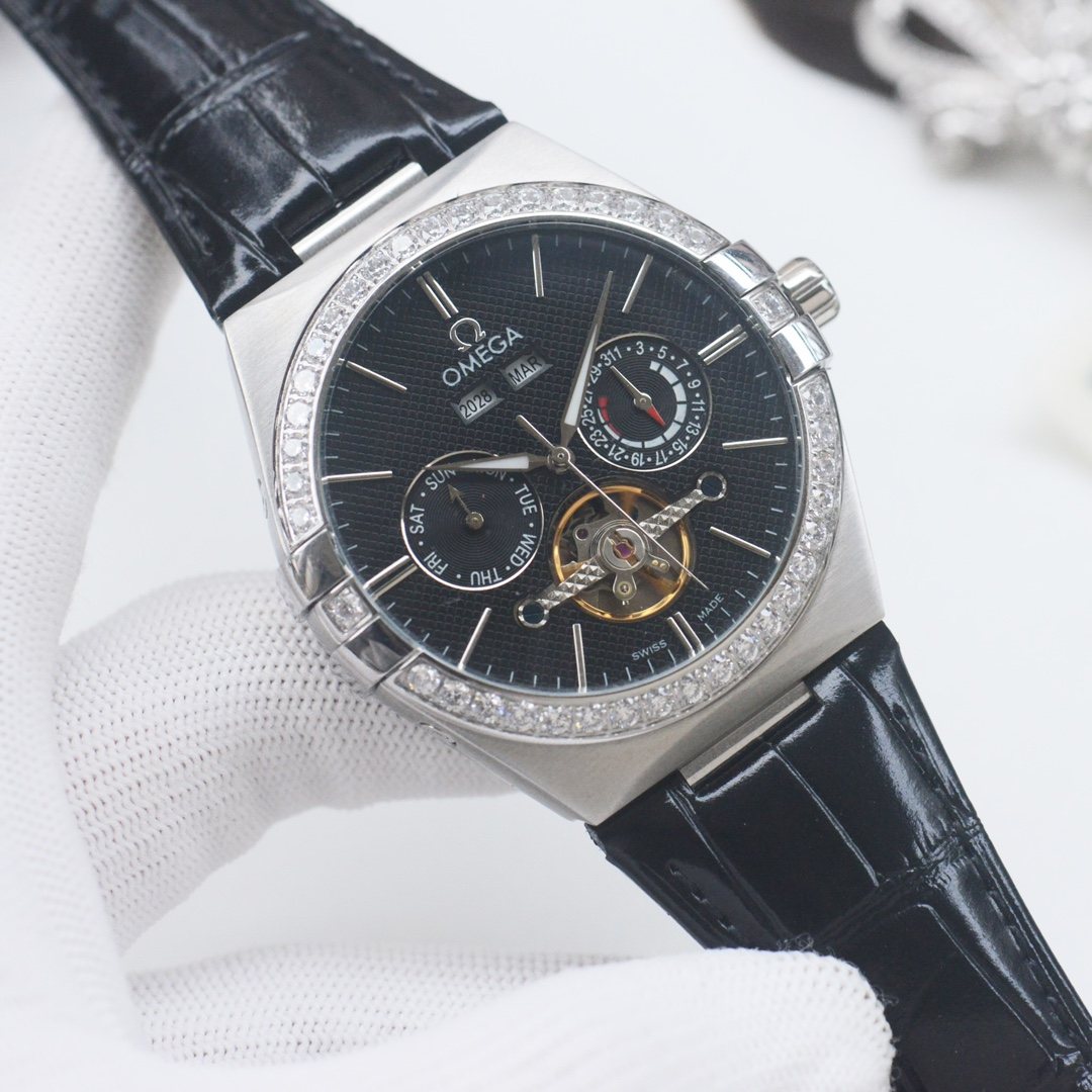 OMEGA Silver Black Dial Strap Watch