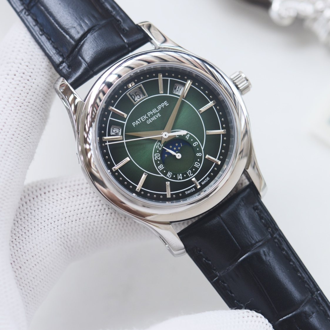 PATEK PHILIPPE Silver Black Green Dial Leather Strap Watch