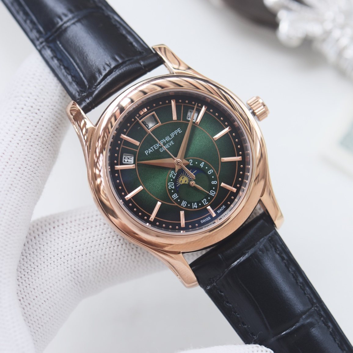 PATEK PHILIPPE Rose Gold Black Green Dial Leather Strap Watch