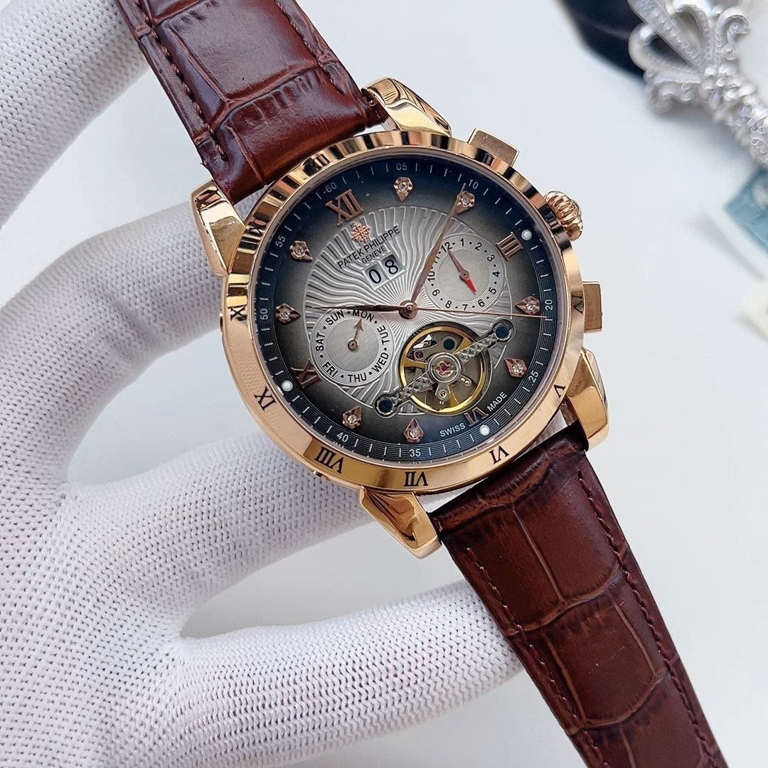 Patek Philippe Rose Gold Brown Silver Dial Strap Watch