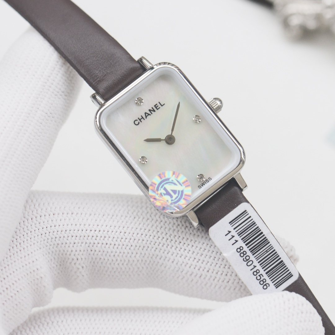 CHANEL Brown Silver White Dial Leather Strap Watch