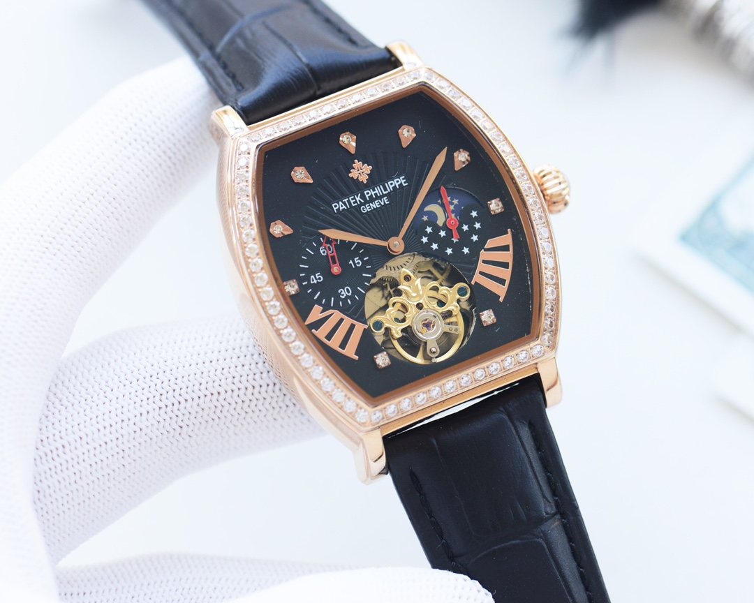 PATEK PHILIPPE Rose Gold Black Dial Strap Watch