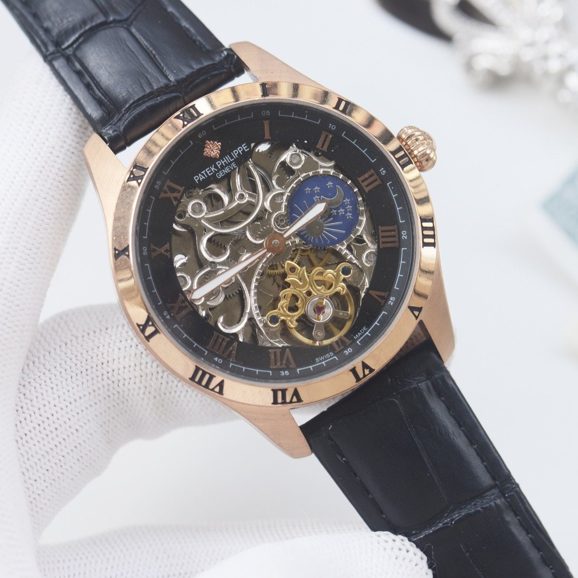 PATEK PHILIPPE Rose Gold Black Strap Watch