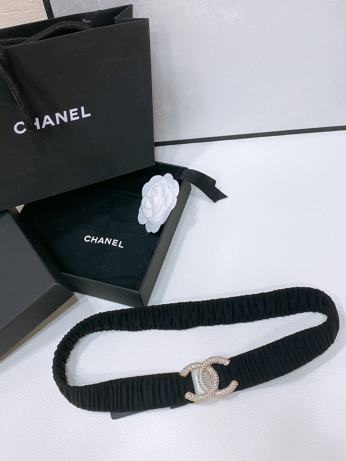 CC ELASTIC BELT 30MM IN BLACK WOOL FABRIC GOLD HARDWARE WITH RHINSTONES
