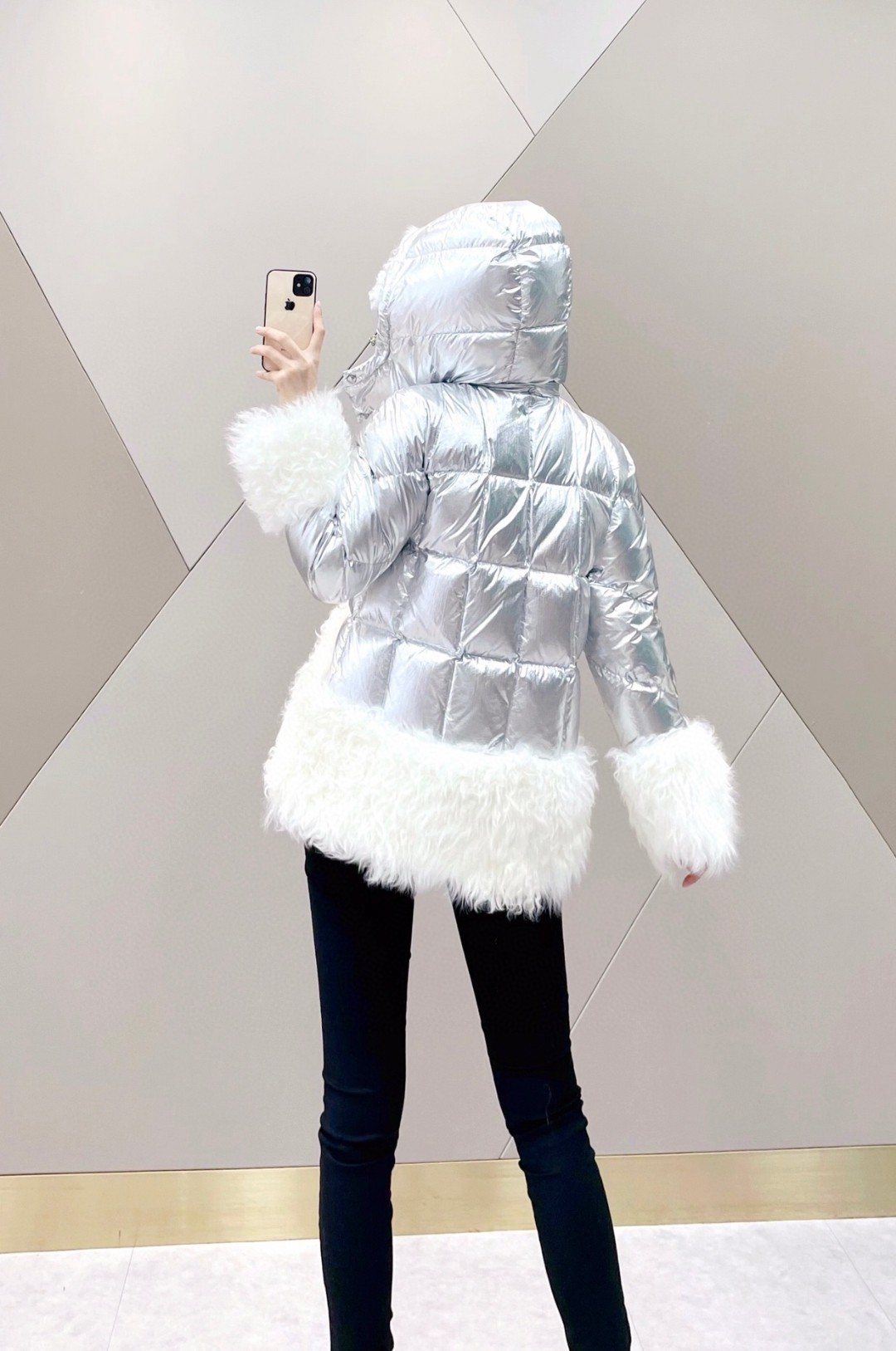 Moncler Silver Plush Panel Puffer Coat