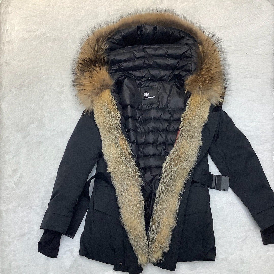 Moncler Belted Fur-Trim Hooded Coat