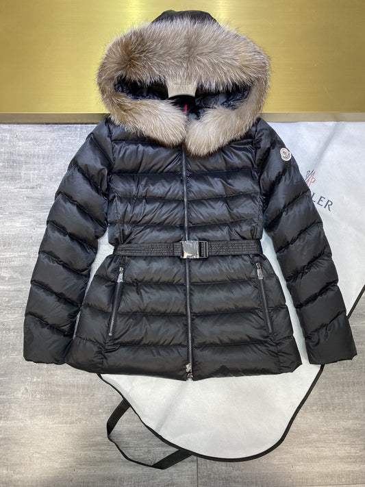 Moncler Fur-Trim Hood Belted Short Down Coat