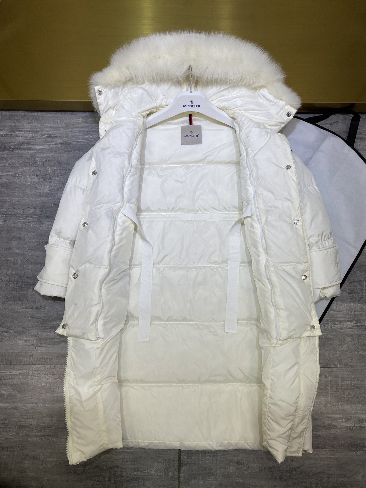 Moncler Women's Long Hooded Fur-Trim Down Coat