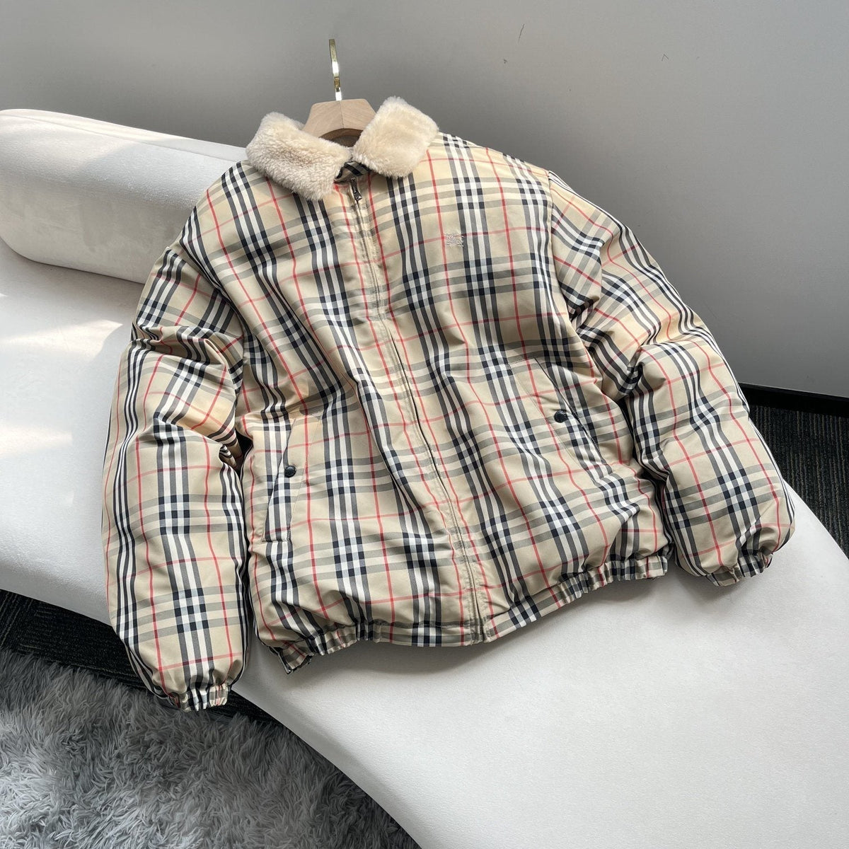 Burberry Beige Check Shearling-Collar Puffer Jacket