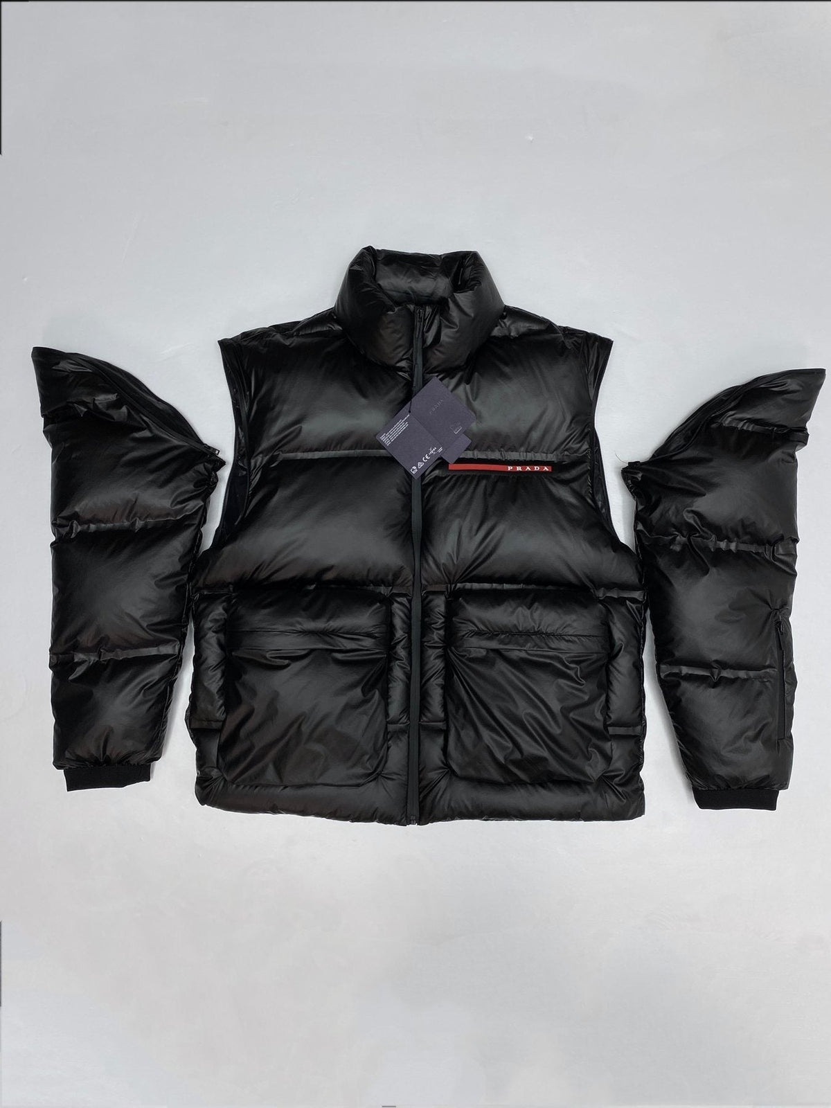 Prada Black Convertible Puffer Jacket with Red Chest Stripe