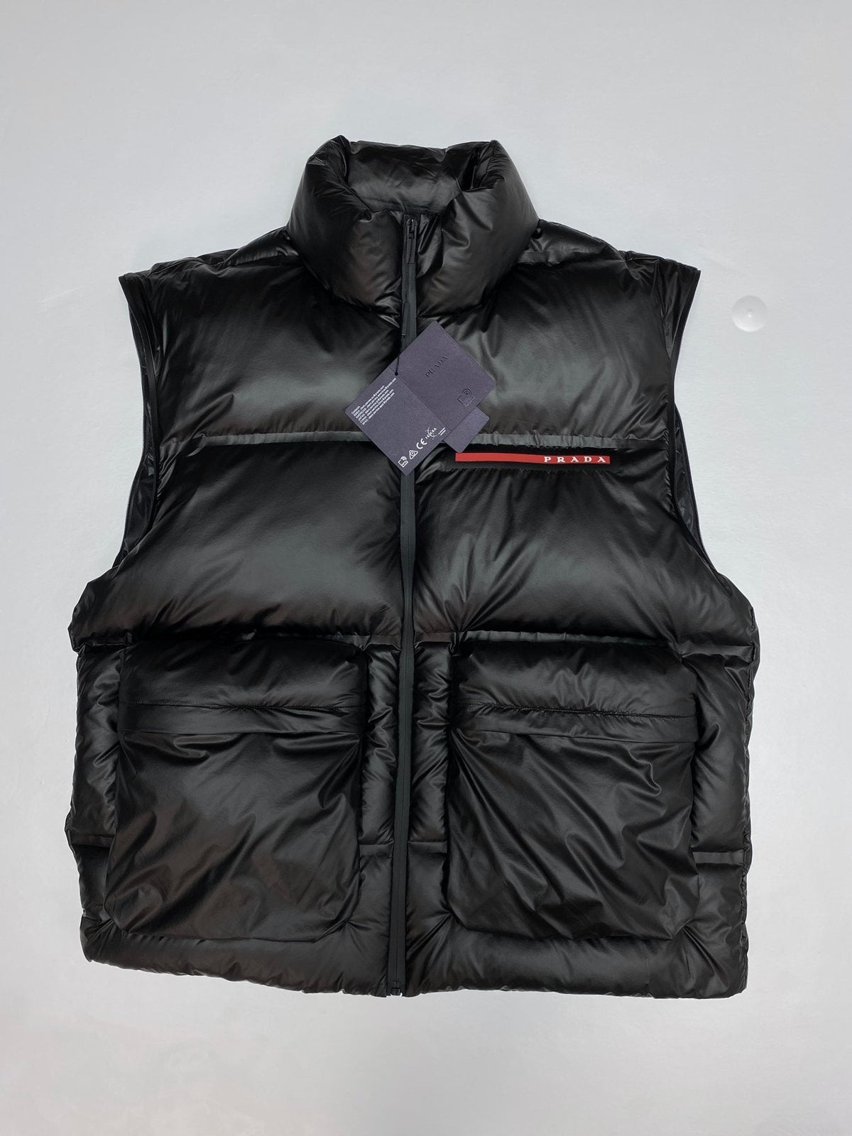 Prada Black Convertible Puffer Jacket with Red Chest Stripe