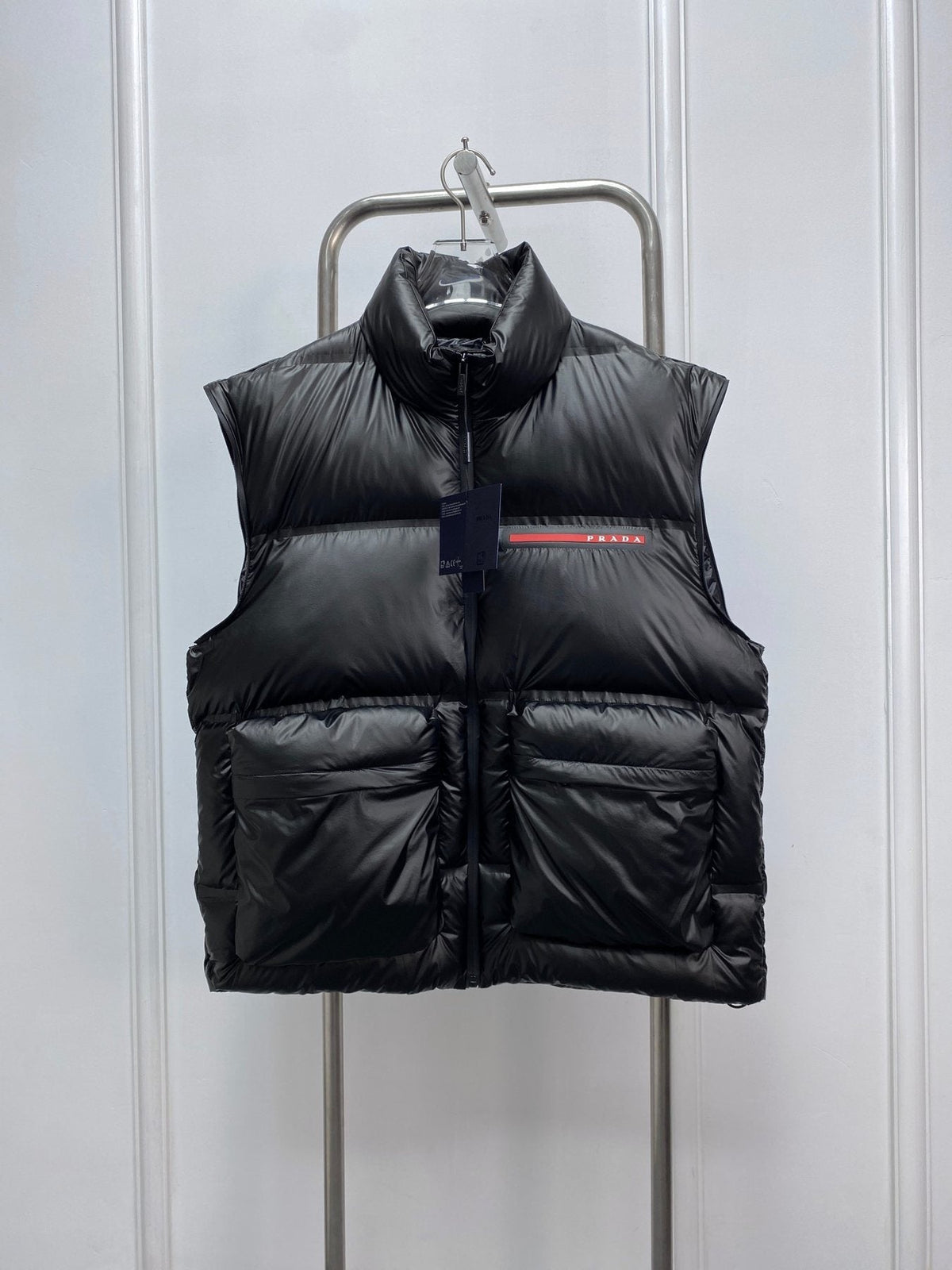 Prada Black Convertible Puffer Jacket with Red Chest Stripe