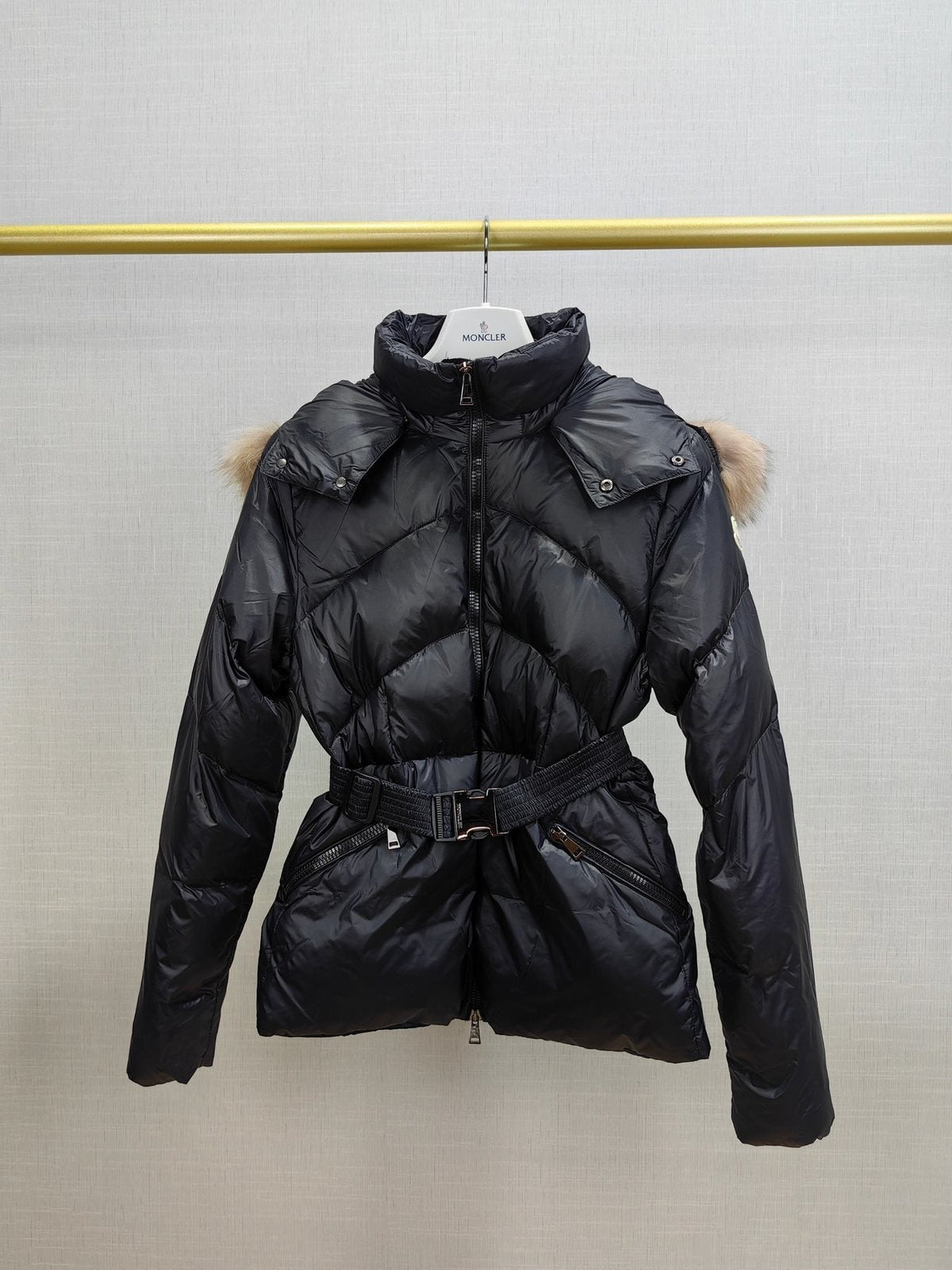 Moncler Women's Fur-Trim Hood Belted Short Down Coat