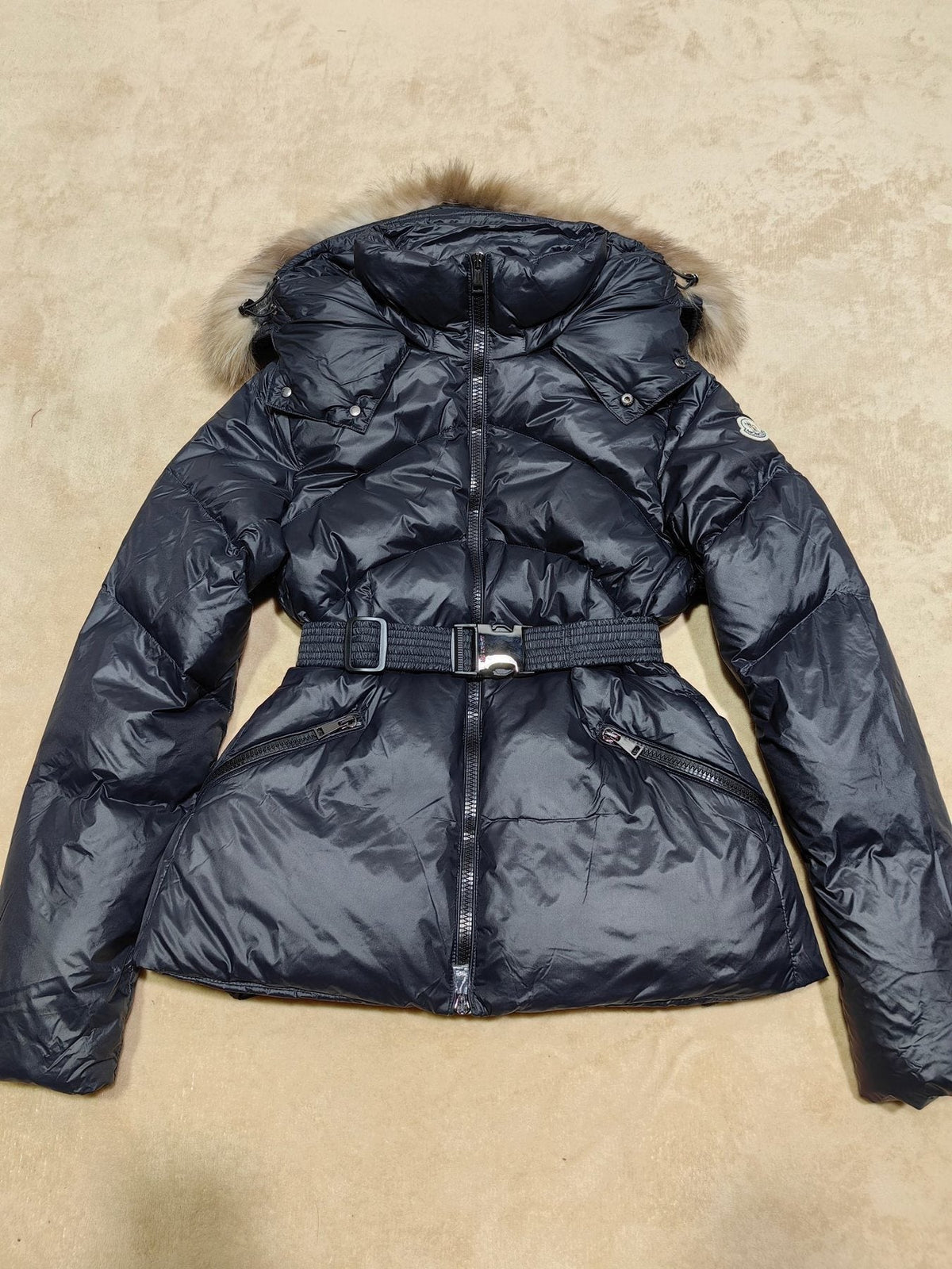Moncler Women's Fur-Trim Hood Belted Short Down Coat