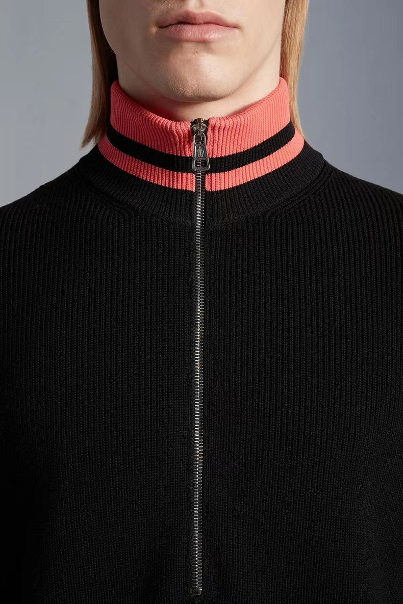 Moncler Rib-Knit Striped Collar Quarter-Zip Sweater