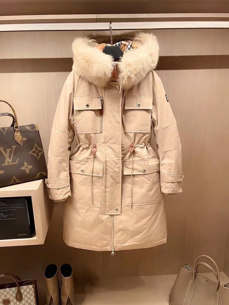 Burberry Removable Fur-Trim Hood Long Down Jacket