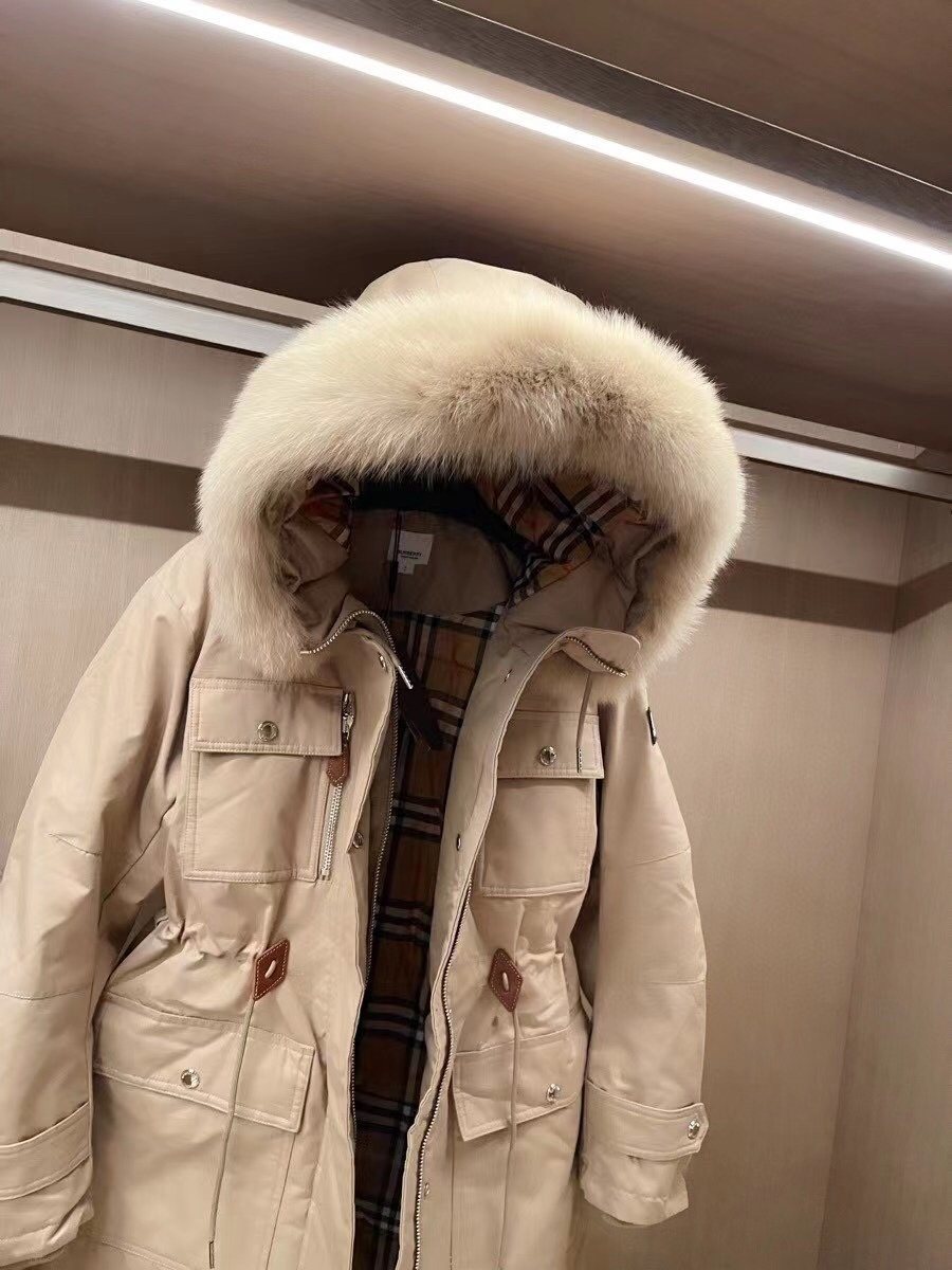 Burberry Removable Fur-Trim Hood Long Down Jacket