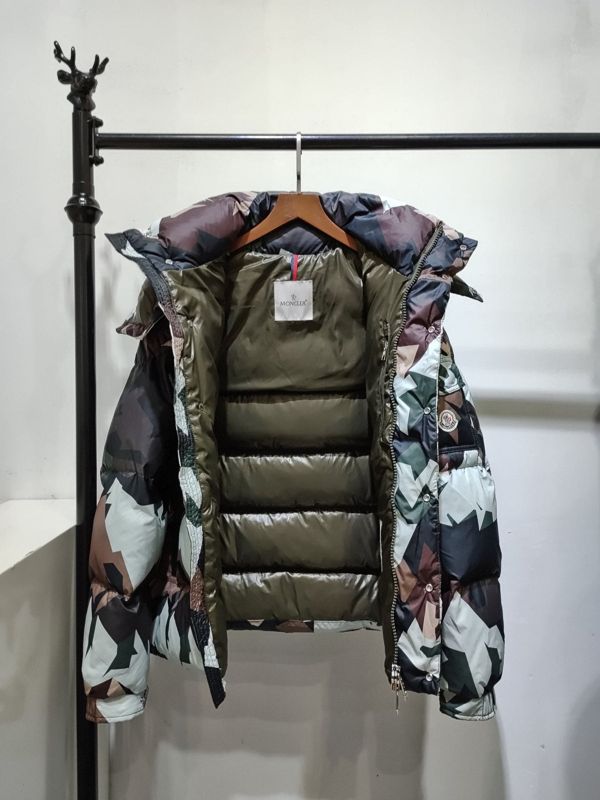 Moncler Geometric Camouflage Hooded Puffer Coat