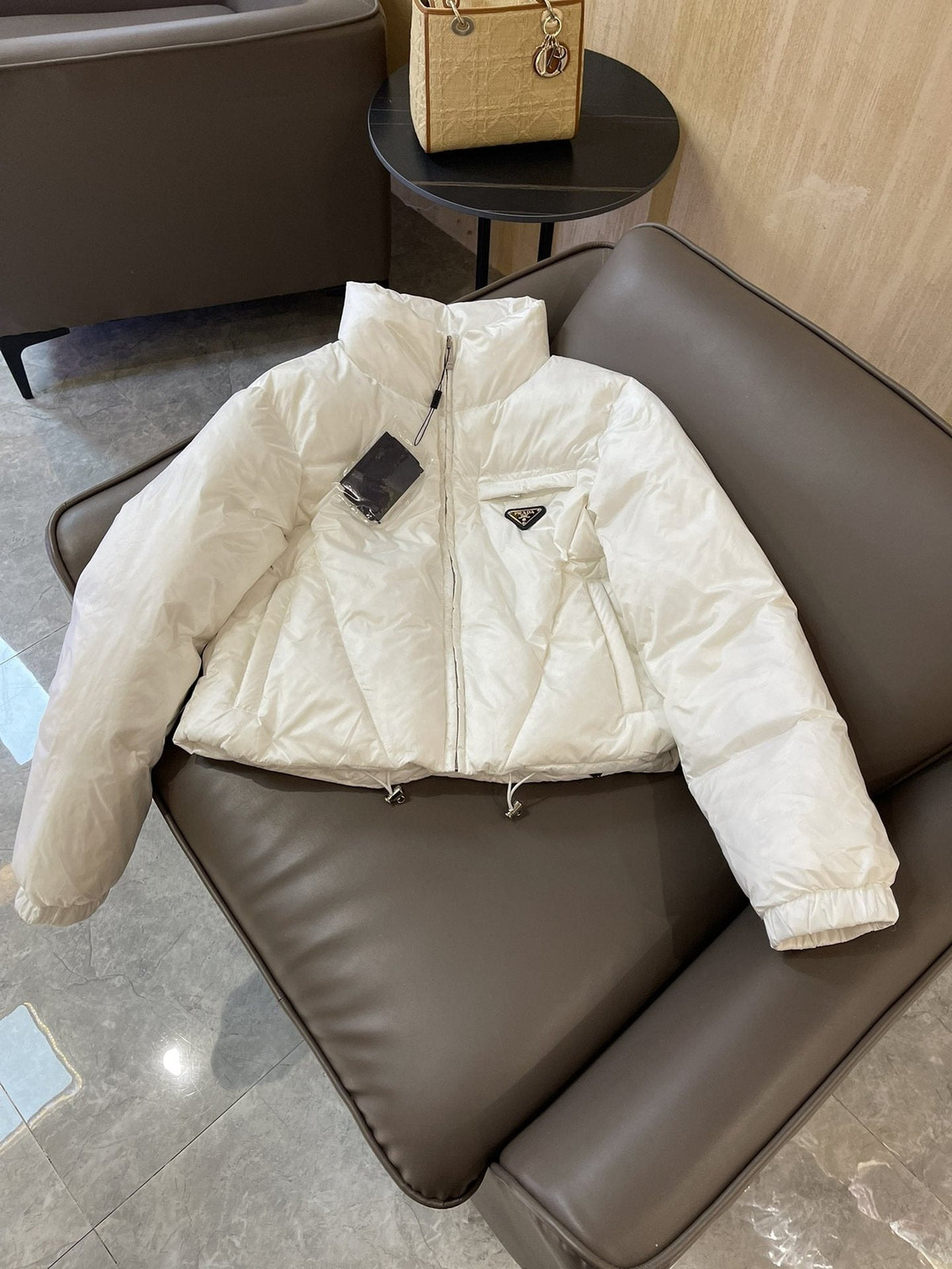Prada Triangle Plaque Short Down Jacket