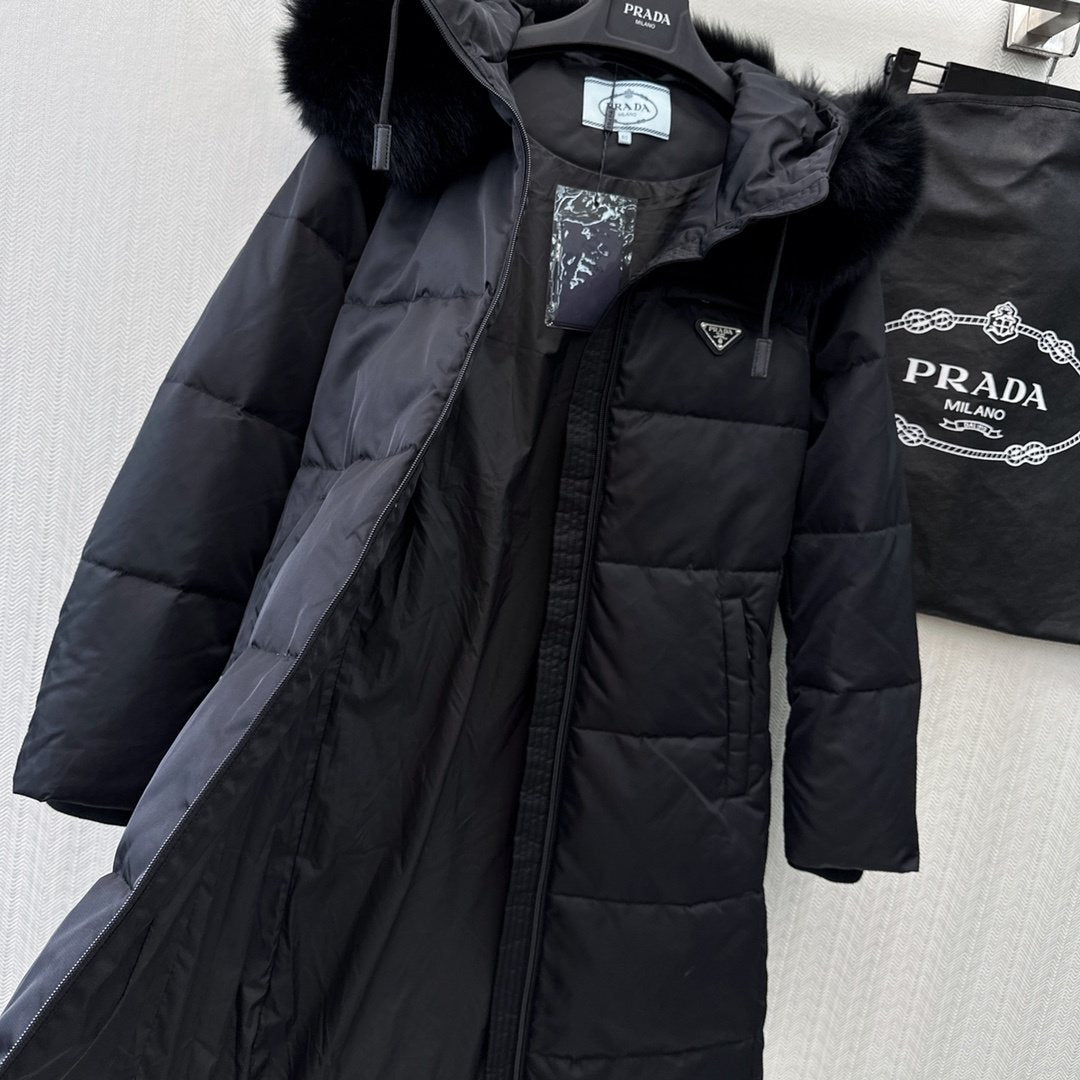Prada Fur-Trim Hooded Longline Puffer Jacket