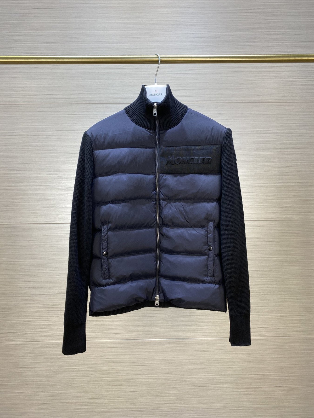 Moncler Quilted Front Knit Sleeve Zip Jacket